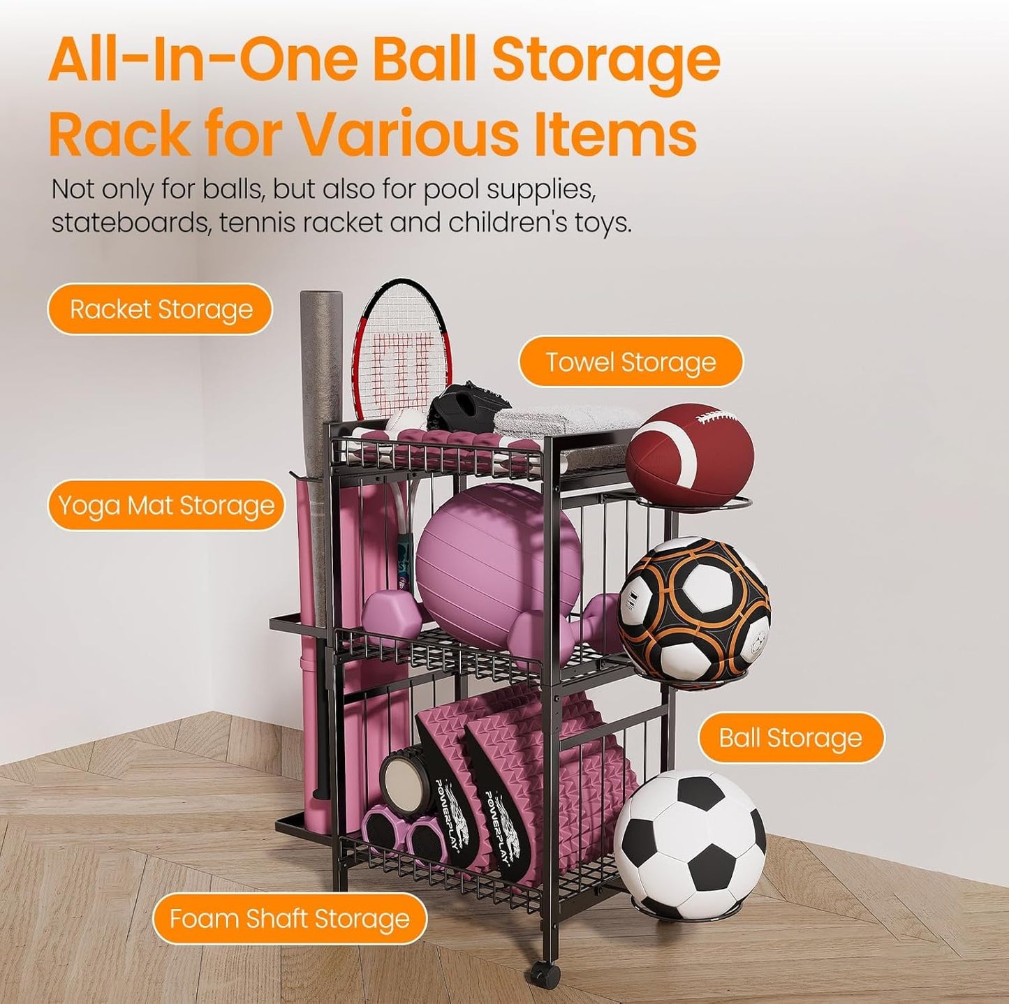 3-Tier Yoga Rack - Large Capacity, Duty Home Gym, Large-Capacity Sturdy Yoga Mat Storage Rack, Waterproof & Rust-Resistant Fitness Rack, 360° Swivel Wheels & Hooks, for Pilates/Home/Gym - Space-Saving