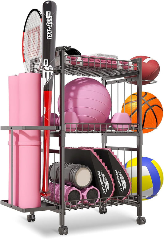 3-Tier Yoga Rack - Large Capacity, Duty Home Gym, Large-Capacity Sturdy Yoga Mat Storage Rack, Waterproof & Rust-Resistant Fitness Rack, 360° Swivel Wheels & Hooks, for Pilates/Home/Gym - Space-Saving