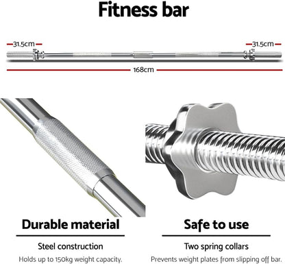 68Kg Barbell Set, Weight Plates Barbells Bar Strength Training Exercise Fitness Equipment for Home Gym, with Standard Ring Stable Stand 2 Spring Lock Black