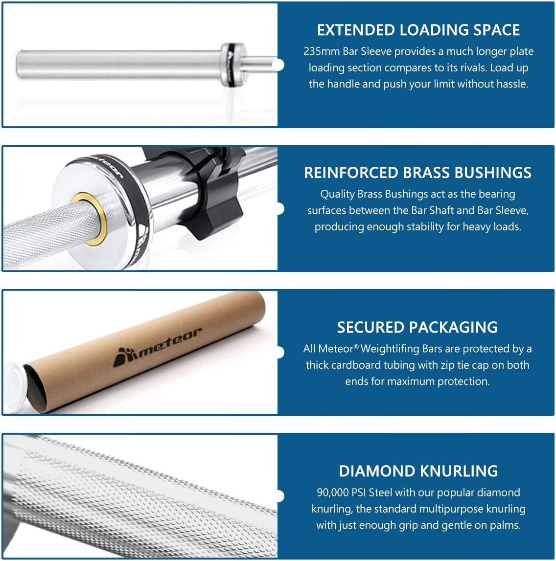 METEOR Olympic Barbell - Weightlifting, Dumbbell, Tricep, Ez Curl Bar - 20Kg, 50Mm Olympic Bar