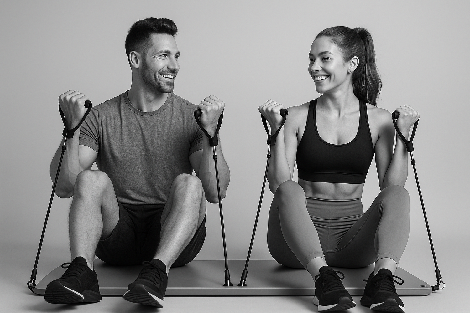 simplify the pilates board to one in this image https://zenithfitness.us/products/pilates-board-multifunctiona also have the people look like they're enjoying the workout together